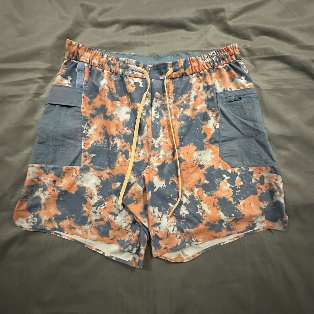 Lululemon Water Repellent 8" Hiking Shorts Camo Orange Blue Mens XL Drawstring